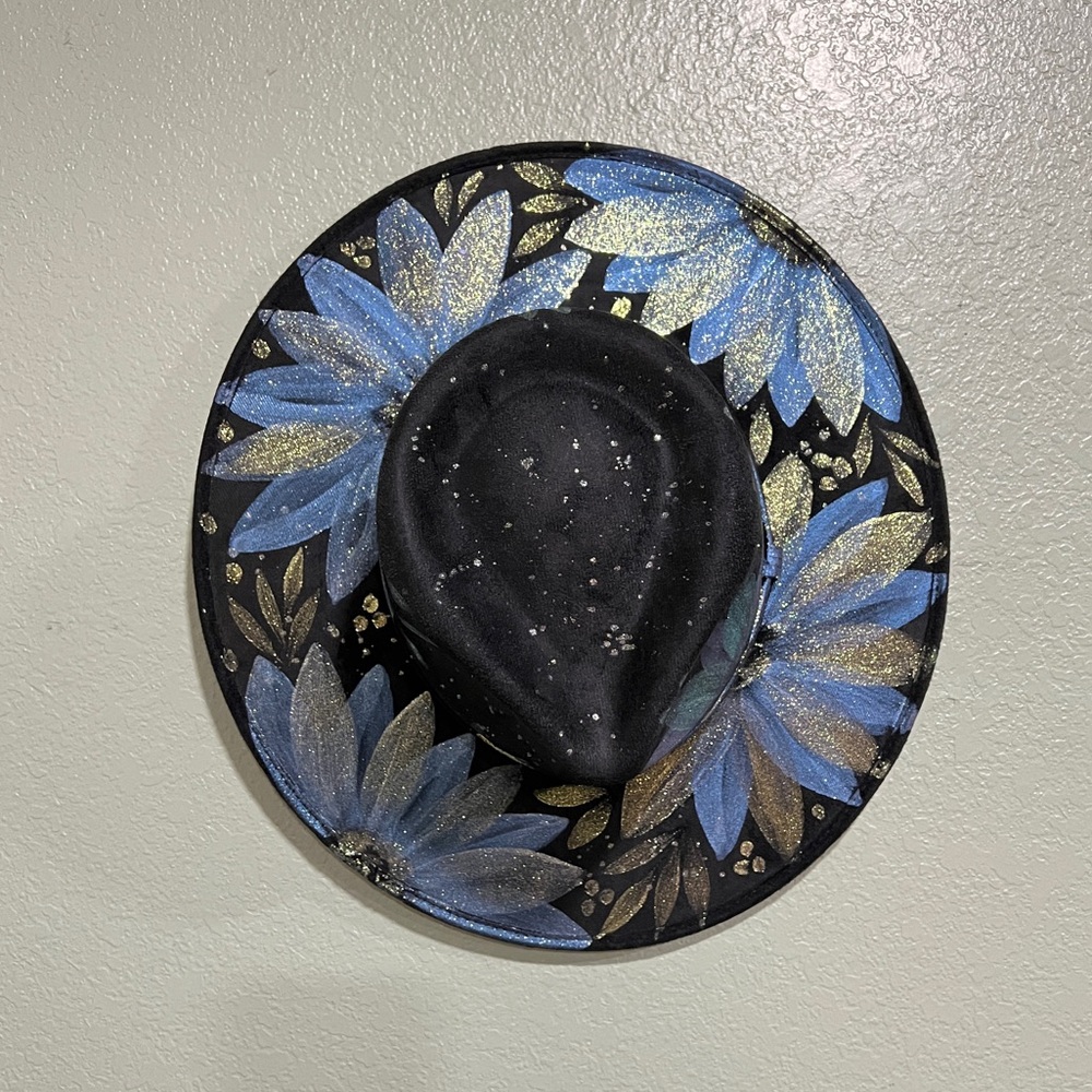 New - Hand Painted Flower Midnight Sparkle Hat 56-58 CM